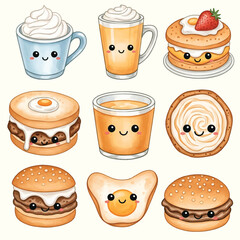 Cute Watercolor Kawaii Breakfast Food and Drinks Set