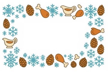 Winter holiday food border with snowflakes, turkey legs, pinecones, and gravy boats on transparent background