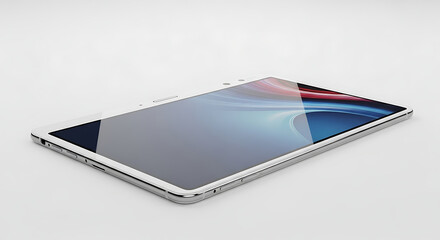 A tablet device with a reflective screen on a white surface in a studio setting close up view ai generated