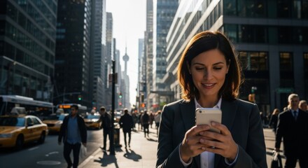 Businesswoman using a smartphone on a bustling city street. Professional woman focused on her mobile phone for business communication and networking. Technology and success concept.