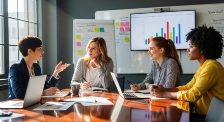 Diverse businesswomen in a team meeting, brainstorming ideas. Female professionals in a corporate training session. Concept for teamwork, collaboration, and market analysis.