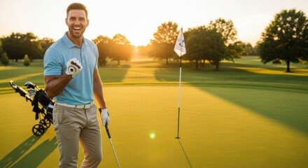 Happy handsome golfer celebrating success on the green at sunset. Man clenching fist in victory after a winning putt. Concepts of achievement, joy, sports lifestyle, and leisure.
