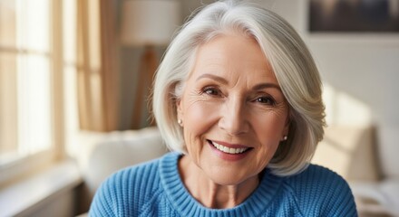 Smiling senior woman with white hair wearing cozy blue sweater, portrait of happy elderly female in warm home interior, positive aging lifestyle concept