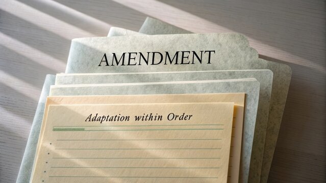 Document folder with amendment label and adaptation form for organizational purposes in a professional setting