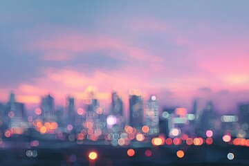 Blurry city skyline with pink and blue sunset