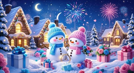 Cute snowmen couple celebrating new year with fireworks and gifts