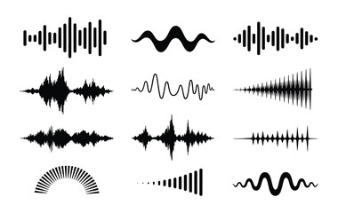 Sound waves collection. Analog and digital audio signal. Music equalizer. Interference voice recording. High frequency radio wave. Vector illustration