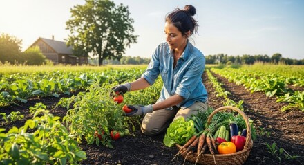 Woman Harvesting Fresh Tomatoes in Sunny Organic Vegetable Garden with Basket of Assorted Farm-Grown Vegetables Including Carrots, Peppers, Lettuce, and Eggplants on Rural Farm