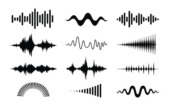 Sound waves collection. Analog and digital audio signal. Music equalizer. Interference voice recording. High frequency radio wave. Vector illustration