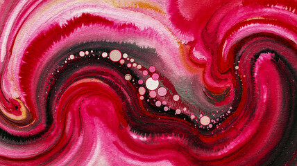 A vibrant abstract watercolor painting with a marbled texture dominated by deep magenta and bright red hues.