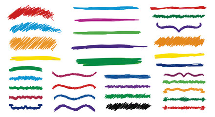 Collection of hand-drawn colorful brush strokes and lines, resembling crayon, pencil, chalk, and marker textures, perfect for adding a sketchy, kid-art style emphasis to designs, highlighting text