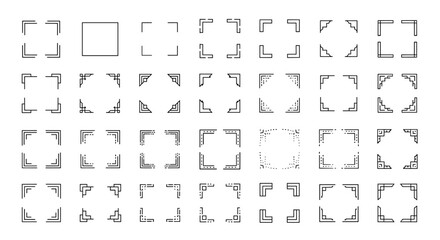 Collection of simple line art frame and border design elements, vector flat icons for graphic resources, perfect for adding decorative touches to designs without text, showcasing a variety of corner