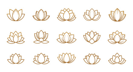 Collection of Golden Lotus Icons, Vector Cartoon Illustrations with a Clean Outline Style, Perfect for Branding, Yoga, Meditation, and Wellness Themes, Minimalist Design Elements on a Black