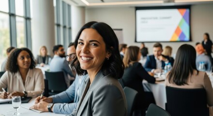 Happy successful businesswoman smiling at camera during a corporate conference or seminar. Concept of leadership, professional development, corporate training, and business event success.