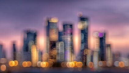 Out-of-focus city skyline at sunset with a bokeh effect