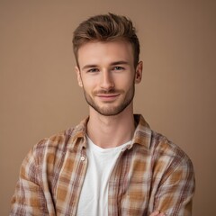 Obraz premium Smiling Young Man in Casual Shirt on Brown Background