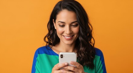 Young beautiful woman using smartphone, smiling while texting or browsing social media. Happy cheerful girl with mobile phone for communication isolated on vibrant orange background.