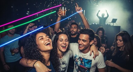 Happy friends dancing at a nightclub party. Young people laughing and enjoying a music festival concert. Energetic youth lifestyle, celebration with a DJ and neon lights.