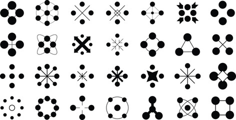 Minimal geometric circle connection symbols in modern abstract style. Bold black vector shapes create symmetry, balance, and unity — ideal for branding, technology design, logo concepts, and creative 