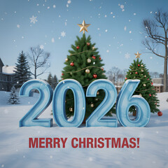 Festive Merry Christmas 2026 Greeting Card with Tree and Snow Design