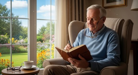 Peaceful senior man writing memoirs, a life story in his journal. Elderly gentleman enjoying retirement, relaxing in a cozy armchair and noting memories. Grandfather storytelling.