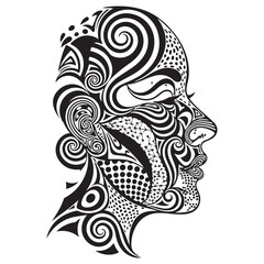 Ornate Black and White Profile Illustration of a Human Head with Intricate Abstract Patterns