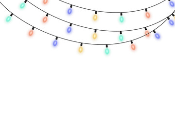 Decorative Christmas light string featuring vivid glowing bulbs, neon illumination, and festive radiance isolated on transparent background perfect for seasonal designs and winter vector graphics
