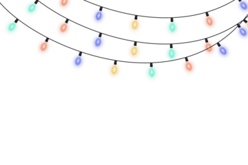 Decorative Christmas light string featuring vivid glowing bulbs, neon illumination, and festive radiance isolated on transparent background perfect for seasonal designs and winter vector graphics
