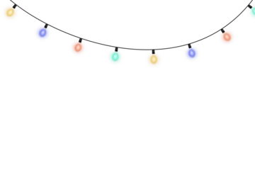Decorative Christmas light string featuring vivid glowing bulbs, neon illumination, and festive radiance isolated on transparent background perfect for seasonal designs and winter vector graphics
