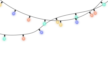 Realistic 3D Christmas garlands with luminous bulbs in multiple colors arranged as decorative holiday lighting isolated on transparent background for Xmas banners, cards, and festive compositions

