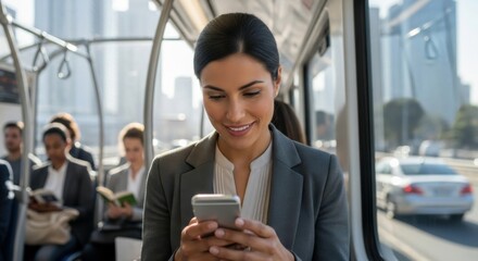 Happy businesswoman using a smartphone while commuting on a bus. Successful beautiful woman professional browsing internet on the go. Modern urban city lifestyle and technology concept.