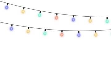 Realistic 3D Christmas garlands with luminous bulbs in multiple colors arranged as decorative holiday lighting isolated on transparent background for Xmas banners, cards, and festive compositions

