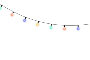Vector set of glowing Christmas lights with colorful LED bulbs, holiday radiance, and bright decorative strands isolated on transparent background for winter celebration designs and digital art overla
