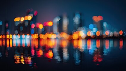 Bokeh city skyline, abstract, reflected in water, vibrant lights