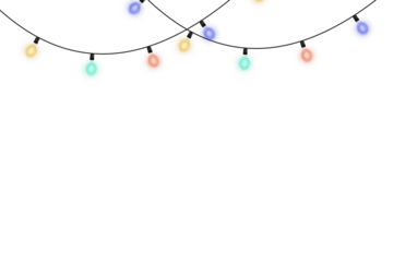 Bright Christmas string lights with glowing festive bulbs in classic holiday colors isolated on transparent PNG background for seasonal illustrations, decorative overlays, and winter card designs
