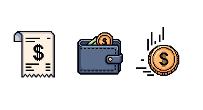 Pixel art money icons receipt, wallet, and coin illustrations for financial themes