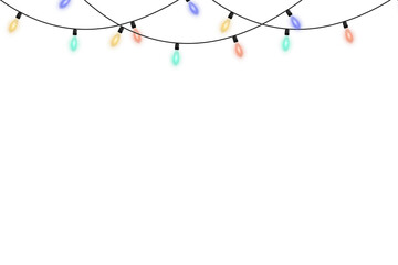Naklejka premium Seamless vector Christmas light garland pattern with colorful glowing bulbs on transparent background, ideal for wrapping paper, textile prints, digital holiday designs, and festive repeating backgrou