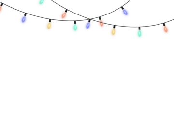 Glowing Christmas garland lights with realistic LED bulbs in multiple colors, isolated on transparent background for holiday cards, festive decorations, winter themes, and bright seasonal vector illus