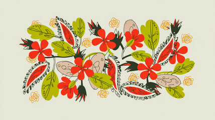 A whimsical pattern design on a white background featuring various hand-drawn elements in a playful, scattered arrangement