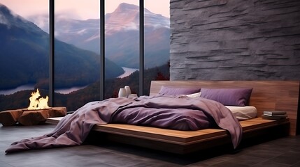 Wake up to stunning mountain views from this modern bedroom retreat with a cozy fireplace, perfect for luxury travel and relaxation