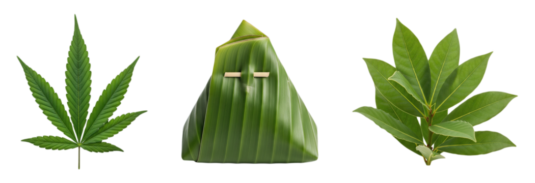 Cannabis leaf banana leaf food wrapper made from plant material and tropical bay leaves isolated on white background healthy natural ingredients concept green