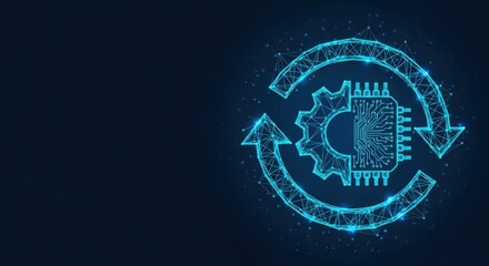 Digital circuit with rotating gear and arrow illustrating technology