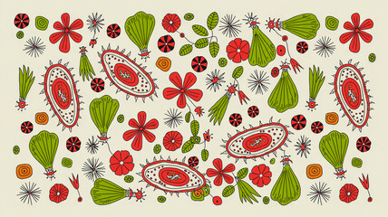 A whimsical pattern design on a white background featuring various hand-drawn elements in a playful, scattered arrangement