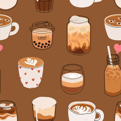 Seamless coffee pattern with cute drinks. Cartoon vector of cappuccino, latte, mocha, bubble tea, iced coffee, hot chocolate, and bear latte art. Cozy winter cafe design illustration.