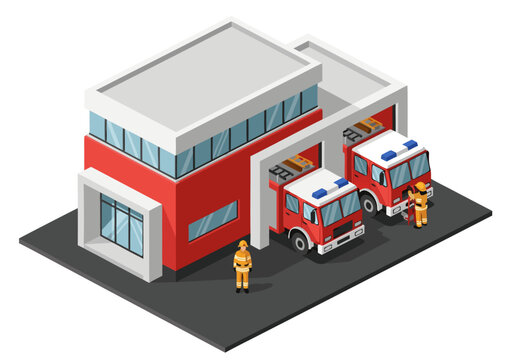 Isometric fire station building with fire trucks and firefighter crew. Vector illustration concept for emergency services graphic design element