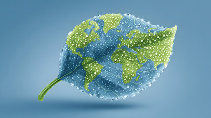 A conceptual image of the Earth, depicted as a leaf, symbolizing the environment and its importance. The leaf is adorned with water droplets. 