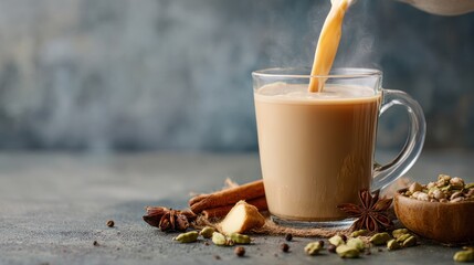 Steaming, warm beverage being poured into a glass mug, surrounded by spices