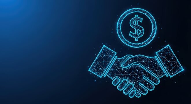 Digital handshake and dollar coin symbolizing business deal