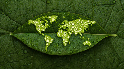 A beautiful world map made of water drops on a green leaf, showcasing environmental sustainability