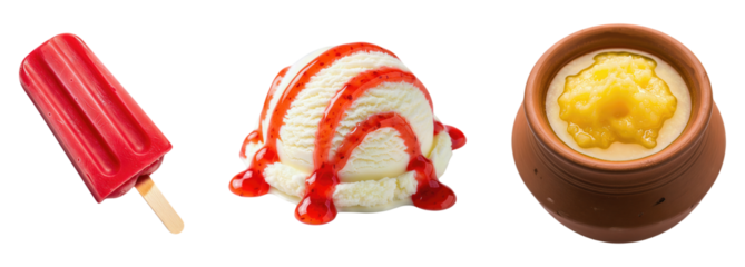 Red Ice Pop Strawberry Ice Cream Scoop with Syrup and Clay Pot of Ghee Dessert Collection Summer Refreshments Frozen Treats Dairy Products Sweet Snacks Isolated